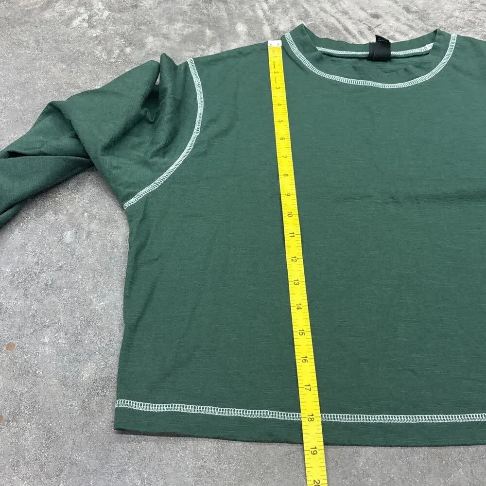 Wild Fable Long Sleeve Cropped Loose Relaxed Fix Green Shirt White Stitching - Picture 8 of 8